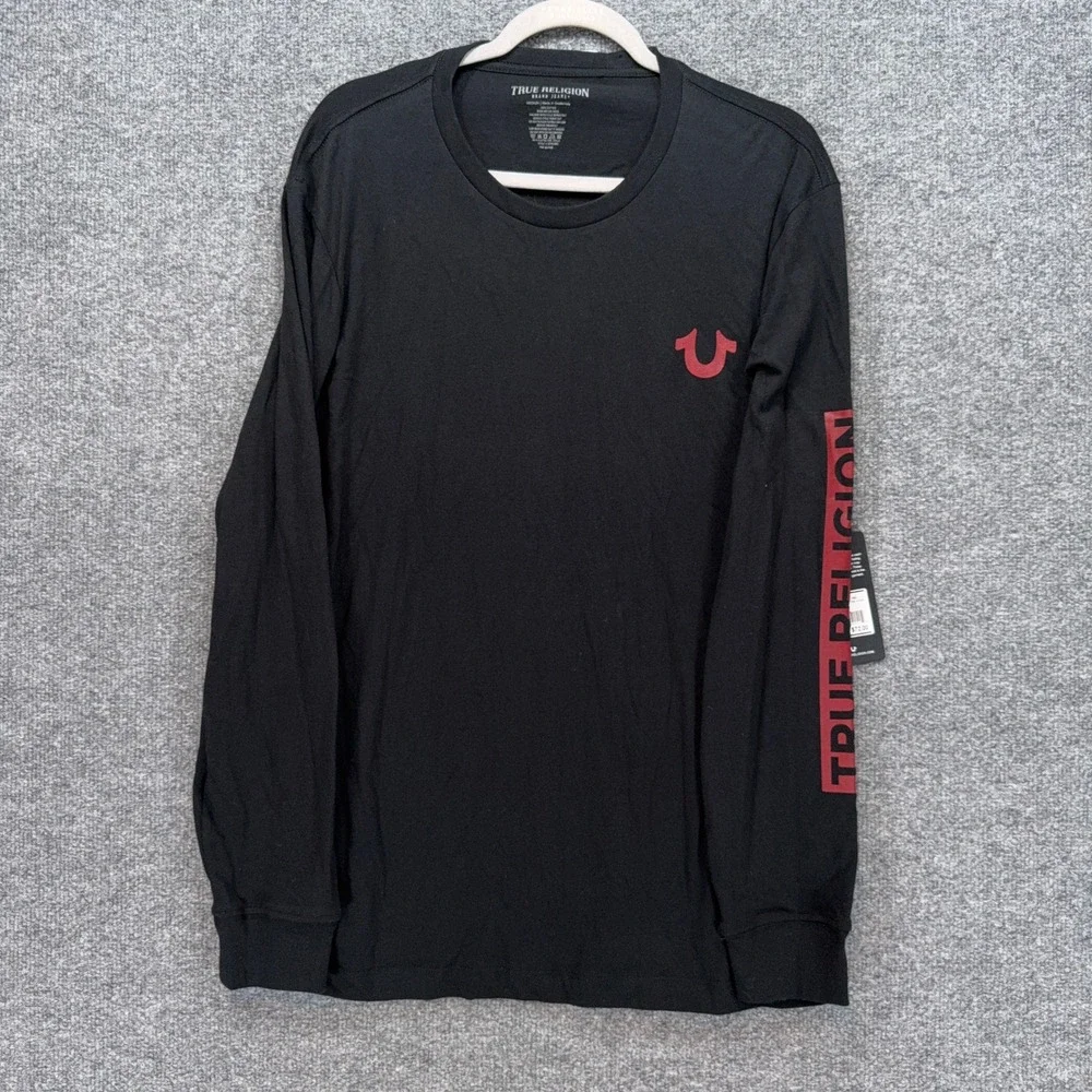 True Religion Shirt Mens Medium Black Red Buddha Logo Graphic Long Sleeve New